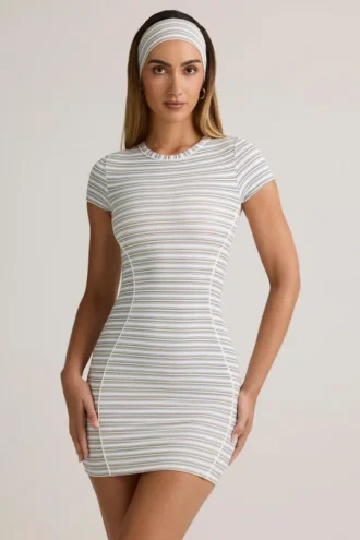Jazlyn Modal bodycon-short met korte mouwen in blauw-gele strepen