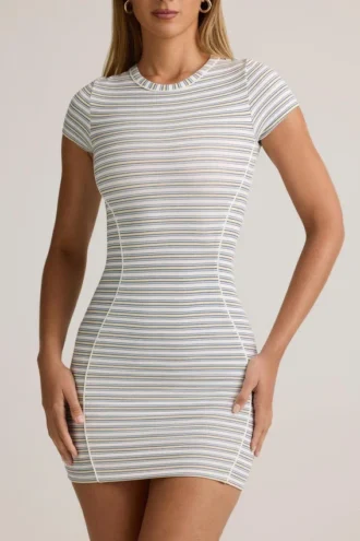 Jazlyn Modal bodycon-short met korte mouwen in blauw-gele strepen