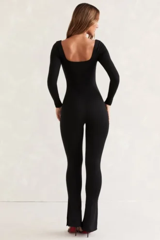 Jett jumpsuit met lange mouwen en vierkante hals in zwart