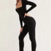 Jett jumpsuit met lange mouwen en vierkante hals in zwart