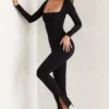 Jett jumpsuit met lange mouwen en vierkante hals in zwart