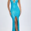 Joella versierde maxi-jurk met uitsnijdingen en halternek in turquoise