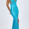 Joella versierde maxi-jurk met uitsnijdingen en halternek in turquoise