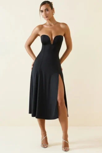 Joely Slinky Jersey strapless A-lijn midaxi-jurk in zwart