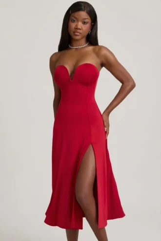 Joely Slinky Jersey strapless A-lijn midi-jurk in True Red