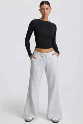 Joggingbroek met lage taille en wijde pijpen in grijs gemêleerd