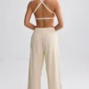 Joggingbroek met wijde pijpen van badstof in crème
