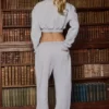 Joggingbroek met wijde pijpen van geborsteld jersey in grijs gemêleerd