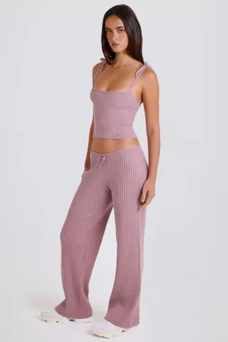Joggingbroek met wijde pijpen van geribd breisel in mauve