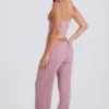 Joggingbroek met wijde pijpen van geribd breisel in mauve