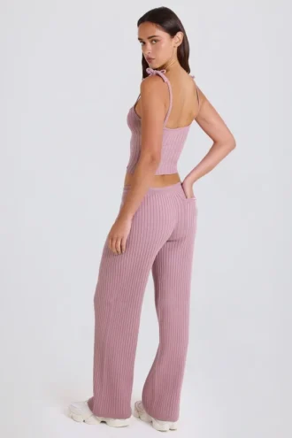 Joggingbroek met wijde pijpen van geribd breisel in mauve