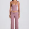 Joggingbroek met wijde pijpen van geribd breisel in mauve