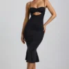 Julane Slinky Jersey gerimpelde midi-jurk met uitsnijdingen in zwart