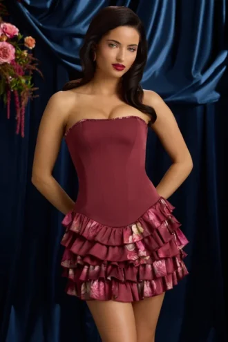 Juliet strapless minijurk met ruches en gelaagde korset in kastanjebruine bloemenprint