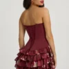 Juliet strapless minijurk met ruches en gelaagde korset in kastanjebruine bloemenprint