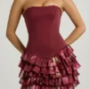 Juliet strapless minijurk met ruches en gelaagde korset in kastanjebruine bloemenprint