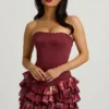 Juliet strapless minijurk met ruches en gelaagde korset in kastanjebruine bloemenprint