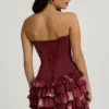 Juliet strapless minijurk met ruches en gelaagde korset in kastanjebruine bloemenprint