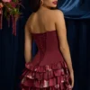 Juliet strapless minijurk met ruches en gelaagde korset in kastanjebruine bloemenprint