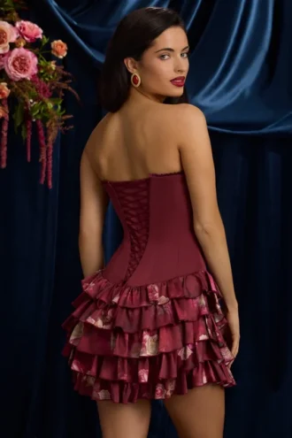 Juliet strapless minijurk met ruches en gelaagde korset in kastanjebruine bloemenprint
