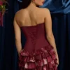 Juliet strapless minijurk met ruches en gelaagde korset in kastanjebruine bloemenprint
