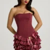 Juliet strapless minijurk met ruches en gelaagde korset in kastanjebruine bloemenprint