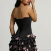 Juliet strapless minijurk met ruches en gelaagde korset in zwart met bloemenprint