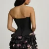 Juliet strapless minijurk met ruches en gelaagde korset in zwart met bloemenprint
