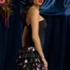 Juliet strapless minijurk met ruches en gelaagde korset in zwart met bloemenprint