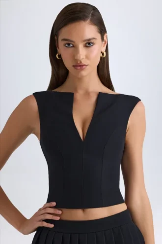 Kadie gestructureerde crop top met V-hals in zwart