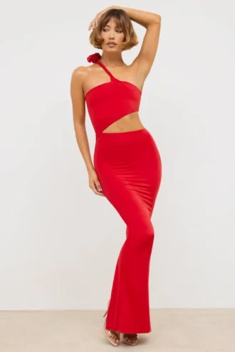 Kalina Jersey asymmetrische maxi-jurk met uitsnijding  in scharlakenrood