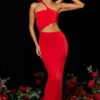 Kalina Jersey asymmetrische maxi-jurk met uitsnijding  in scharlakenrood