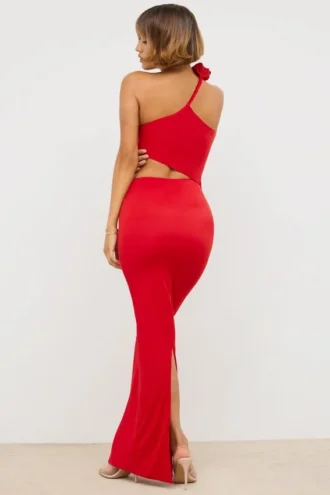 Kalina Jersey asymmetrische maxi-jurk met uitsnijding  in scharlakenrood