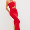 Kalina Jersey asymmetrische maxi-jurk met uitsnijding  in scharlakenrood
