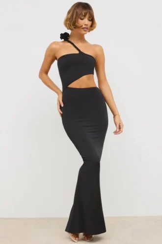 Kalina Jersey asymmetrische maxi-jurk met uitsnijdingen in zwart