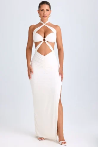 Kalyani maxi-jurk met uitsnijdingen en ruches in wit