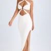 Kalyani maxi-jurk met uitsnijdingen en ruches in wit