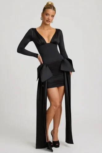 Karelyn mini-jurk met strikdetail en ruches in zwart
