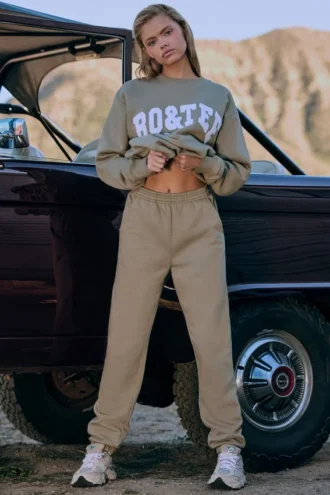 Katoenen fleece joggingbroek met middelhoge taille in kakigroen