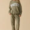 Katoenen fleece joggingbroek met middelhoge taille in kakigroen