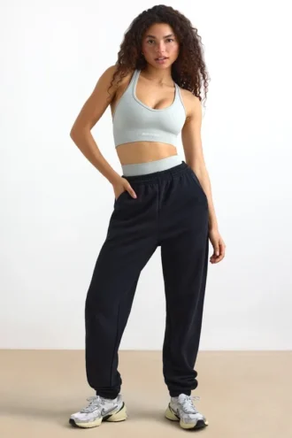 Katoenen fleece joggingbroek met middelhoge taille in zwart