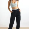 Katoenen fleece joggingbroek met middelhoge taille in zwart