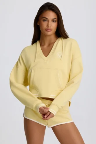 Katoenen jersey hoodie met V-hals in Lemon