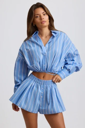 Katoenen popeline gestreept multiway cropped shirt in blauwe streep