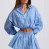 Katoenen popeline gestreept multiway cropped shirt in blauwe streep