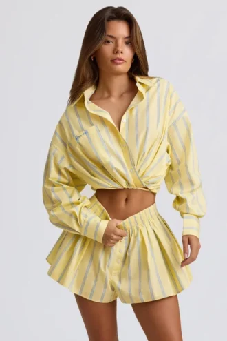 Katoenen popeline gestreept multiway cropped shirt in gele streep