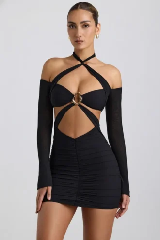 Kemina off-shoulder gerimpelde minijurk met uitsnijdingen in zwart