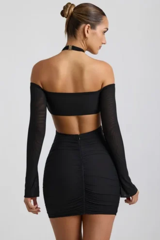 Kemina off-shoulder gerimpelde minijurk met uitsnijdingen in zwart