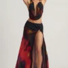 Keona maxi-rok met split en middelhoge taille in rode vage print