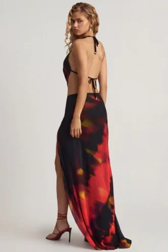 Keona maxi-rok met split en middelhoge taille in rode vage print